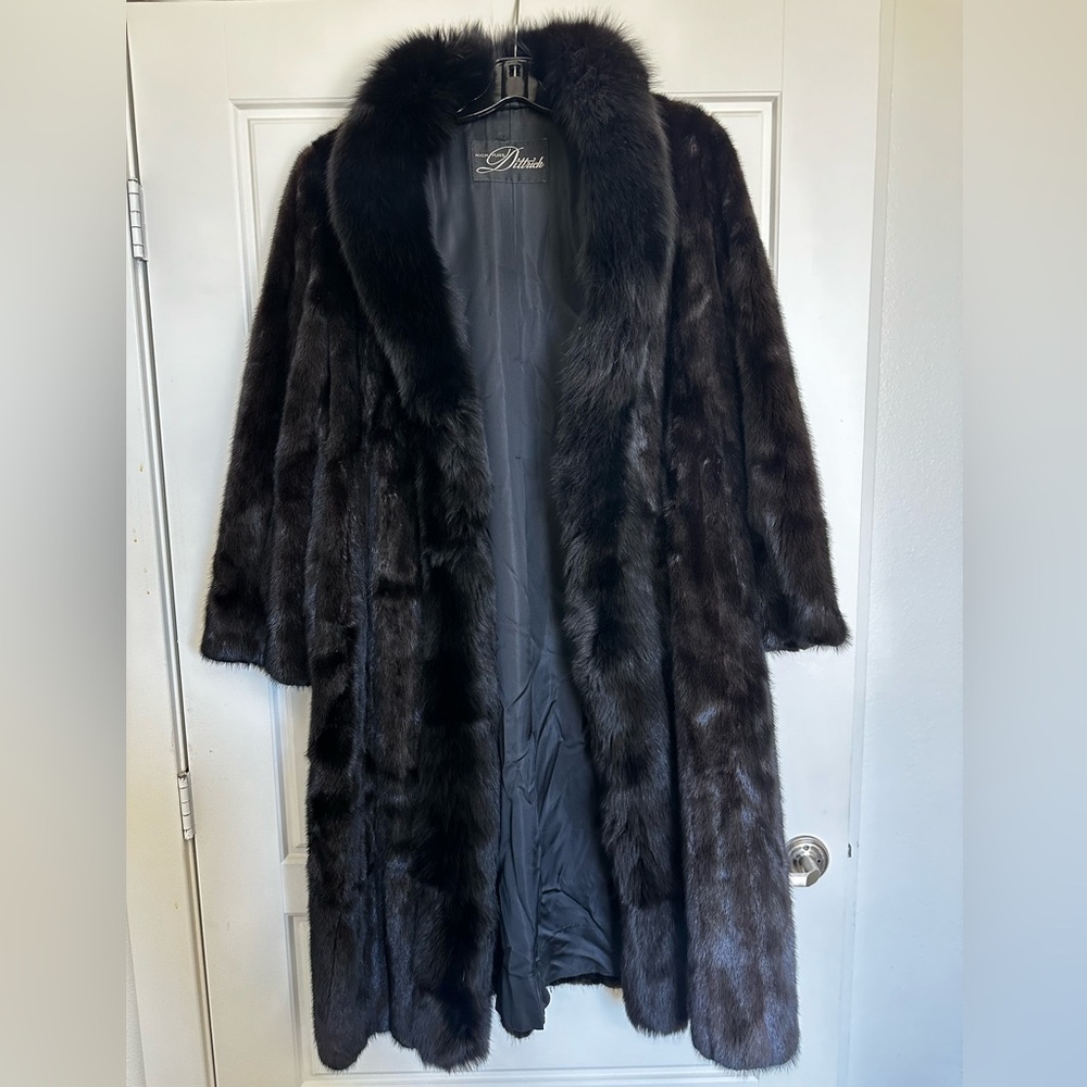 Ranch Full Length Black Mink Coat with Female Pelts and Fox Tuxedo Trim